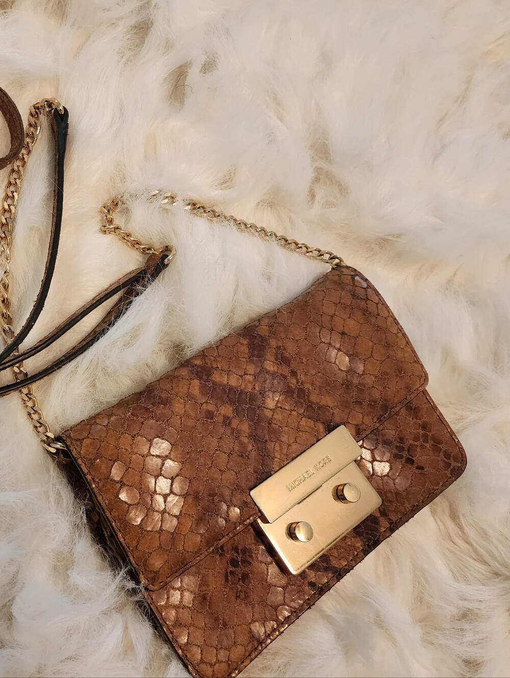 Michael Kors Brown Snake-Embossed WOC Crossbody Bag with Gold Hardware